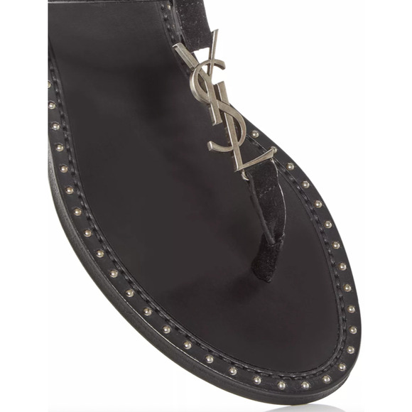 Saint Laurent YSL Logo Iota 05 Black Suede Studded Thong Slide Flat Sandal 35 - Picture 7 of 12